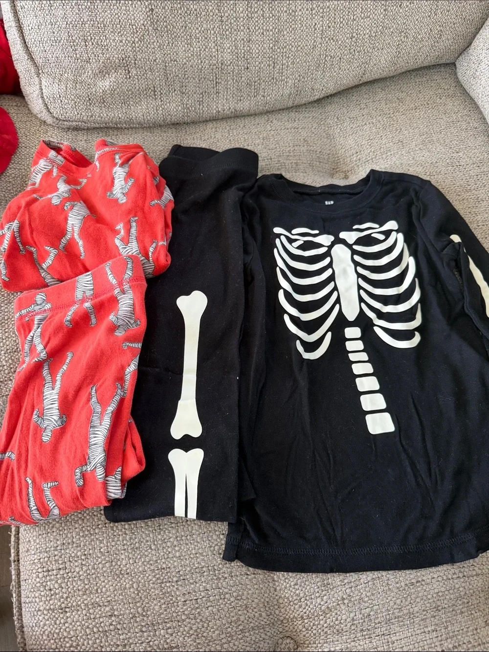 Kids Black Skeleton Costume Pajama Set with Red Zebra Pants - skeleton Pjs glow